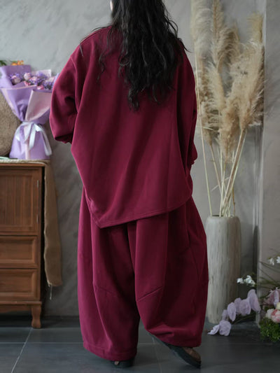 Women Autumn Casual Pure Color Loose Cotton Suits