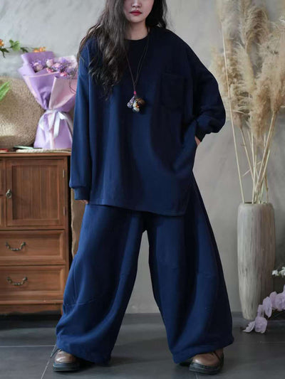 Women Autumn Casual Pure Color Loose Cotton Suits