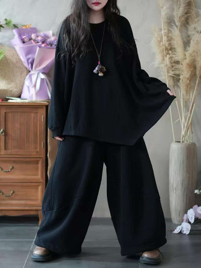 Women Autumn Casual Pure Color Loose Cotton Suits