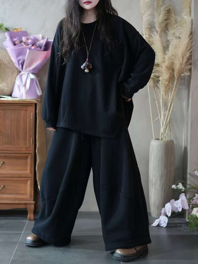 Women Autumn Casual Pure Color Loose Cotton Suits