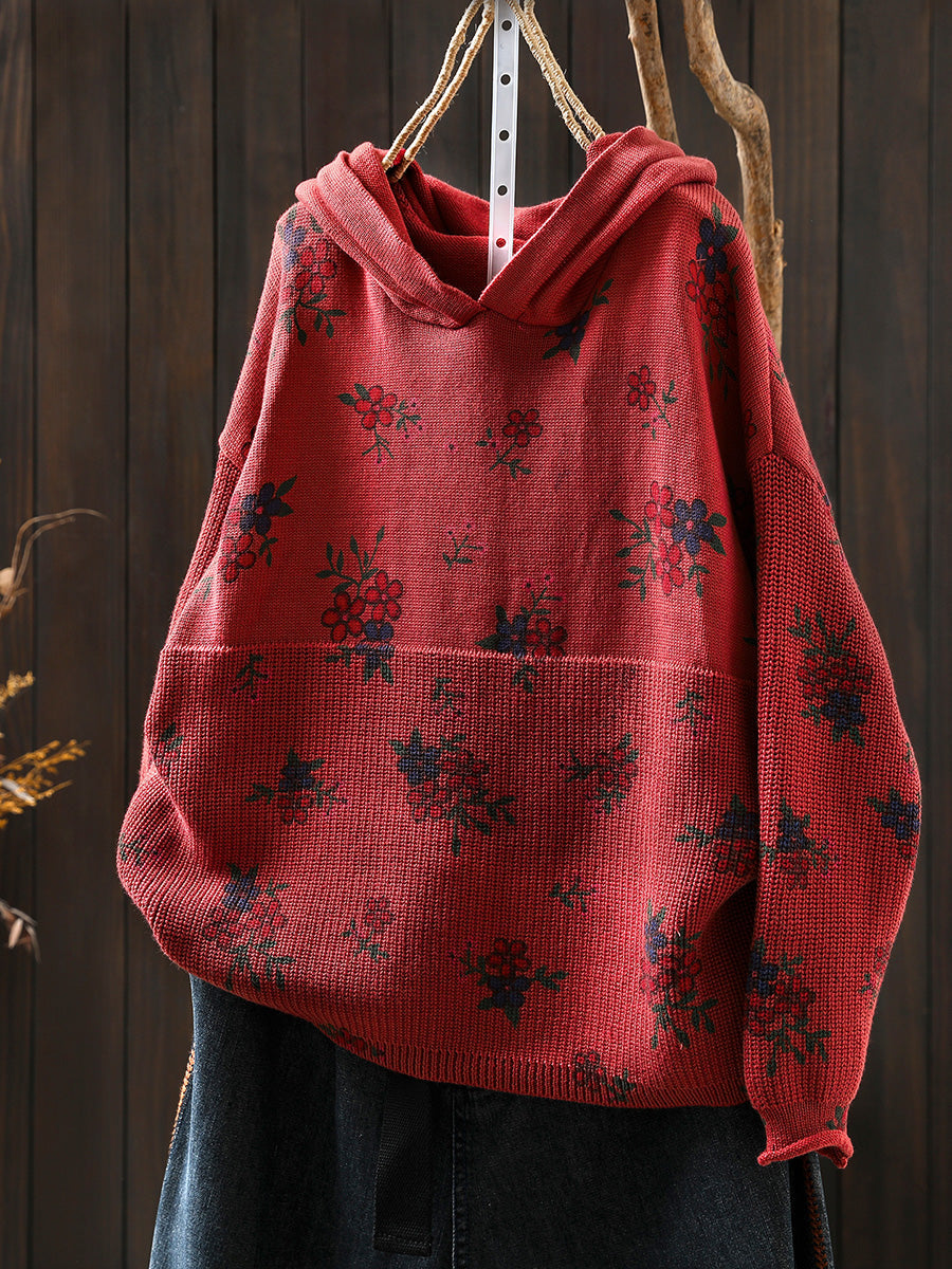 Women Autumn Vintage Flower Knitted Hoodie