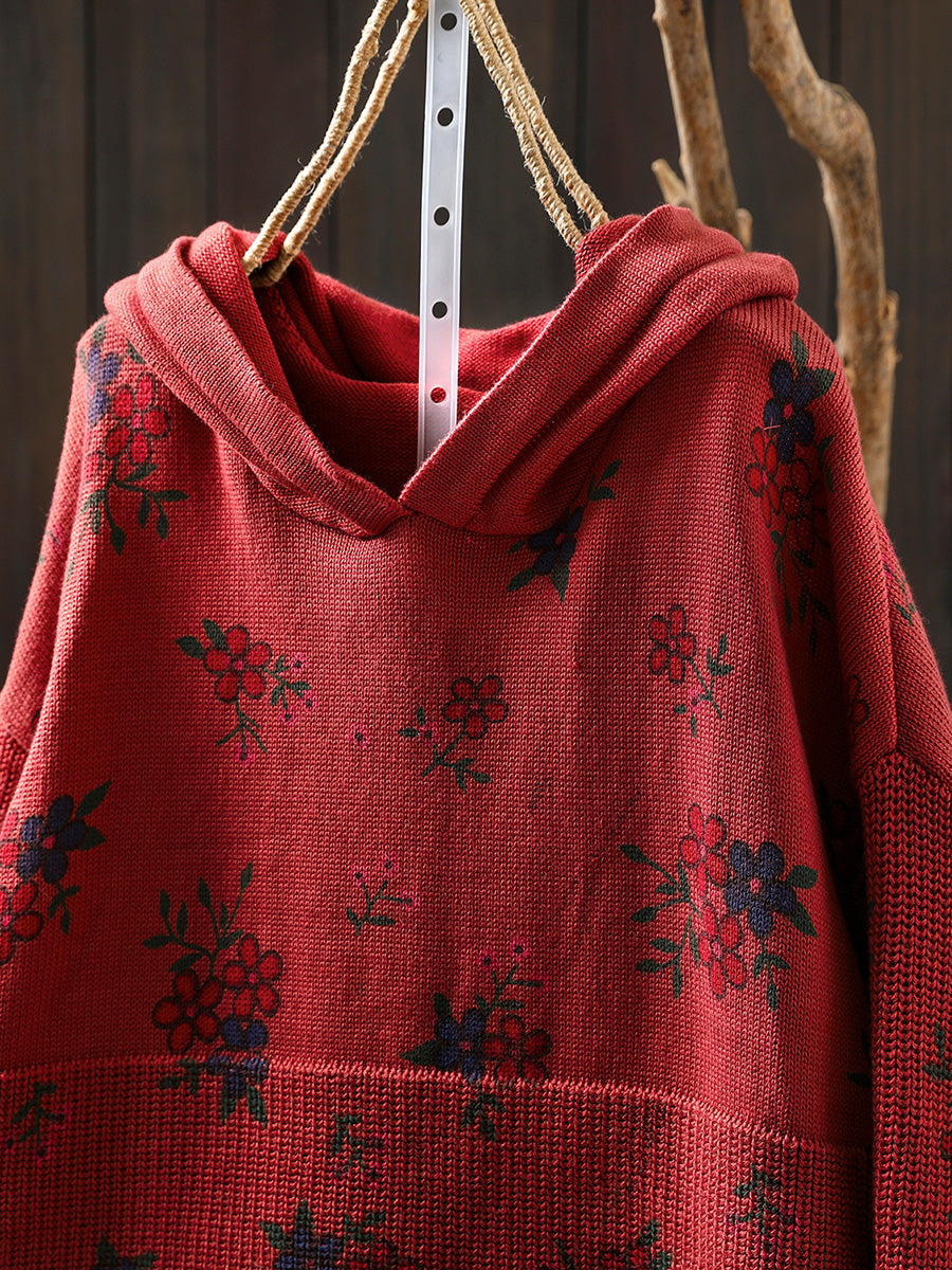 Women Autumn Vintage Flower Knitted Hoodie