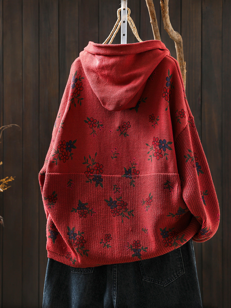 Women Autumn Vintage Flower Knitted Hoodie