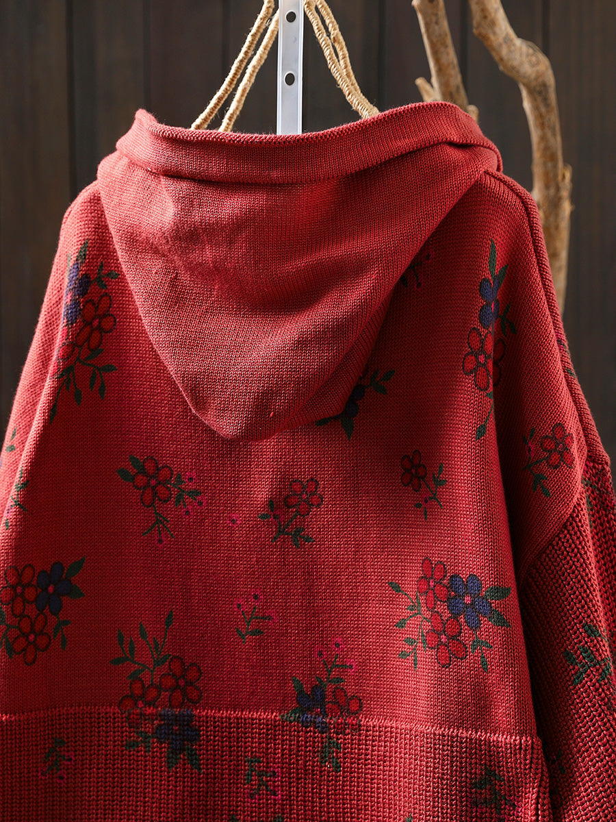 Women Autumn Vintage Flower Knitted Hoodie