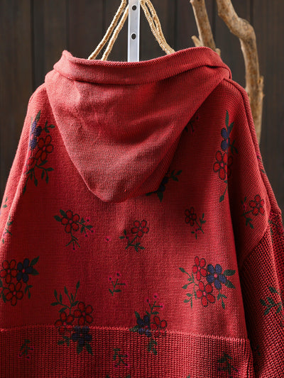 Women Autumn Vintage Flower Knitted Hoodie