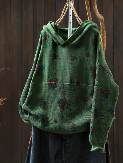 Women Autumn Vintage Flower Knitted Hoodie