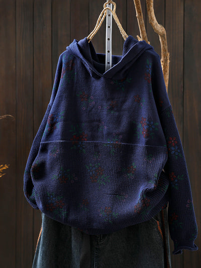 Women Autumn Vintage Flower Knitted Hoodie