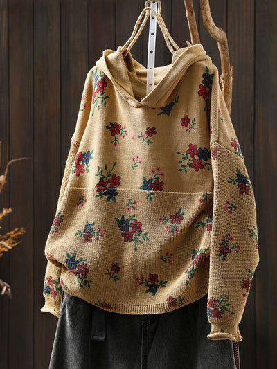 Women Autumn Vintage Flower Knitted Hoodie