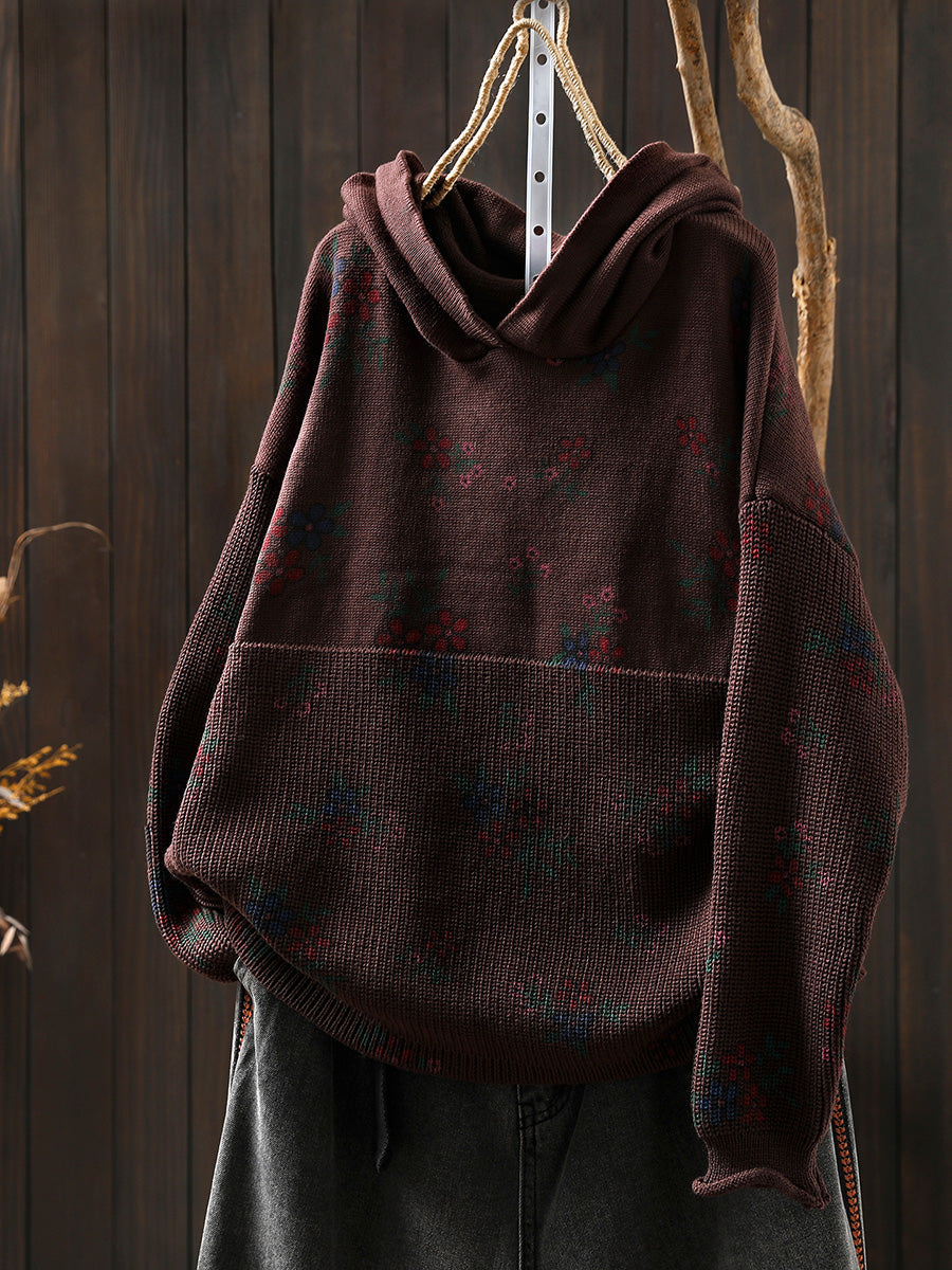 Women Autumn Vintage Flower Knitted Hoodie