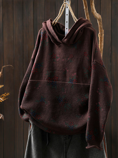 Women Autumn Vintage Flower Knitted Hoodie
