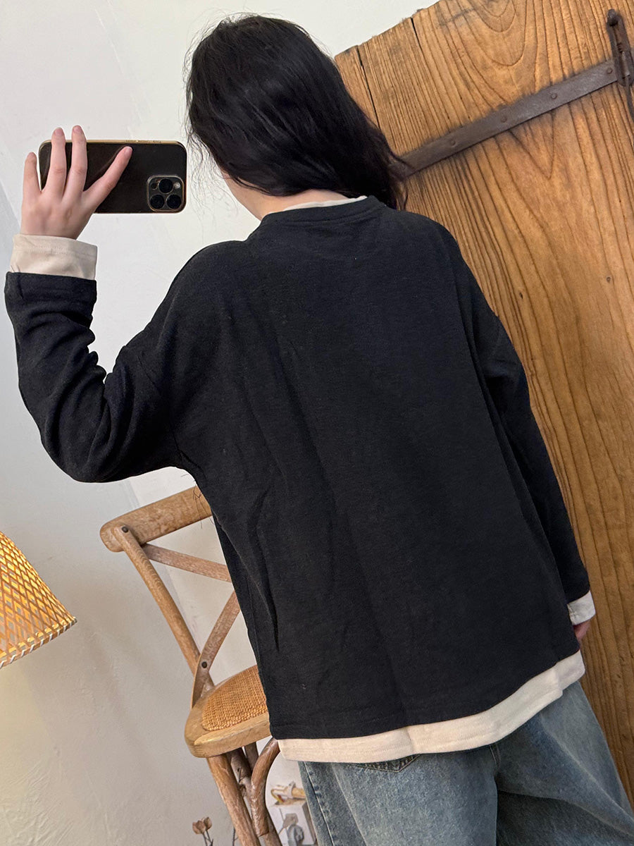 Women Autumn Casual Colorblock O-Neck Blouse