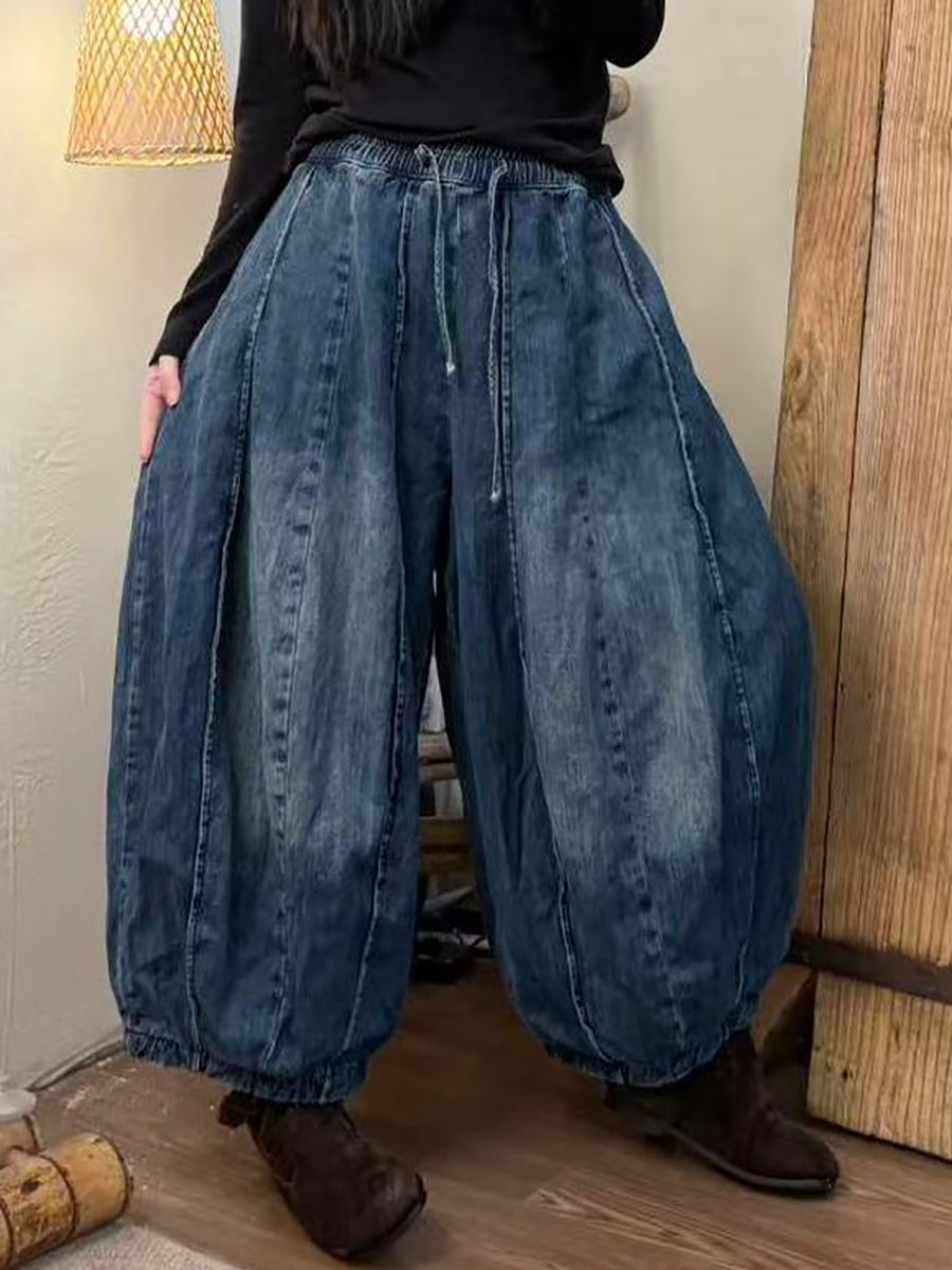 Women Autumn Retro Pure Color Denim Spliced Harem Pants