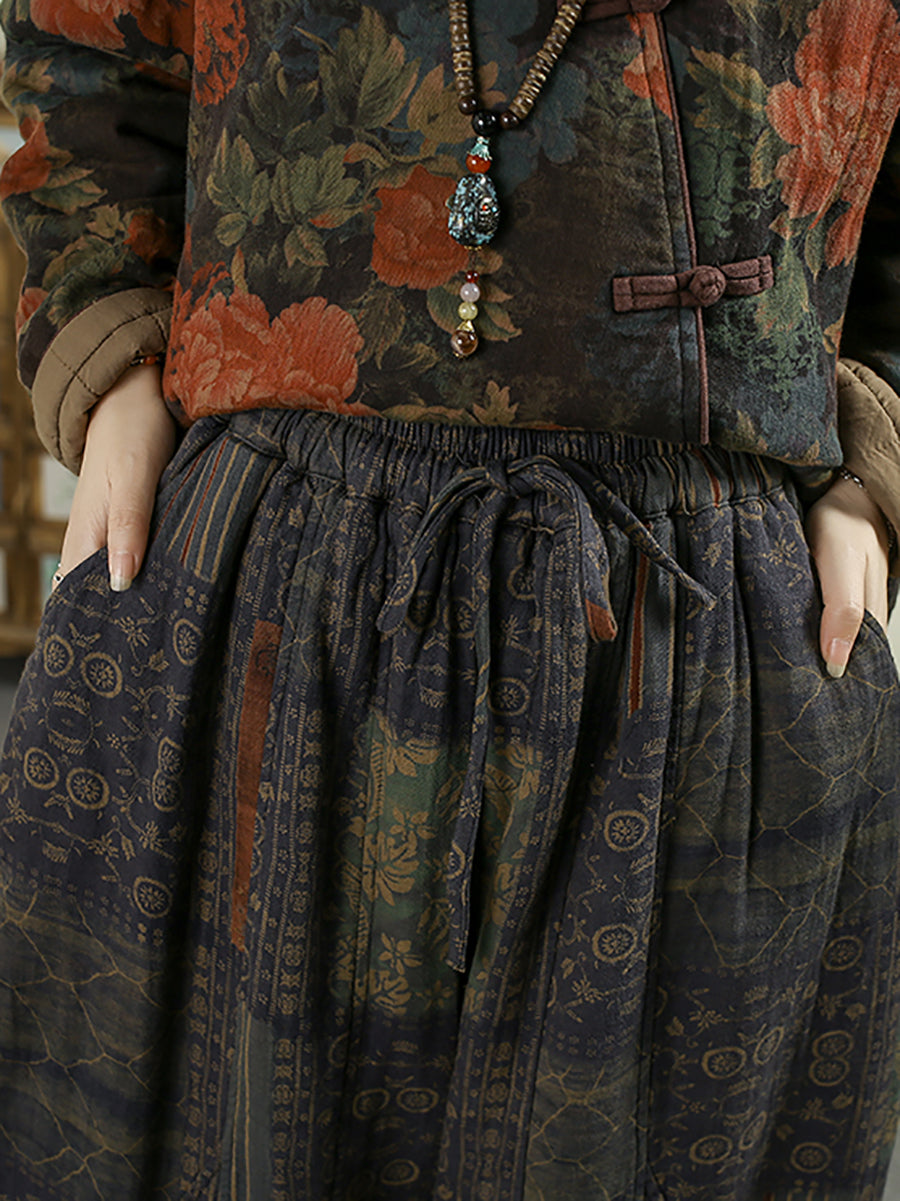 Women Winter Vintage Flower Padded Harem Pants