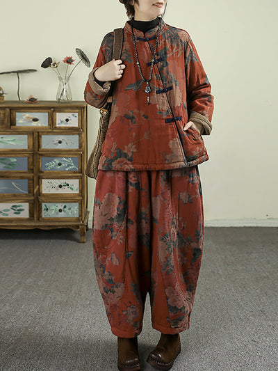 Women Winter Vintage Flower Padded Harem Pants