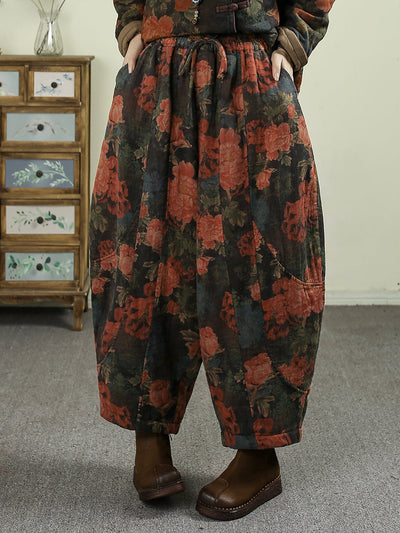 Women Winter Vintage Flower Padded Harem Pants