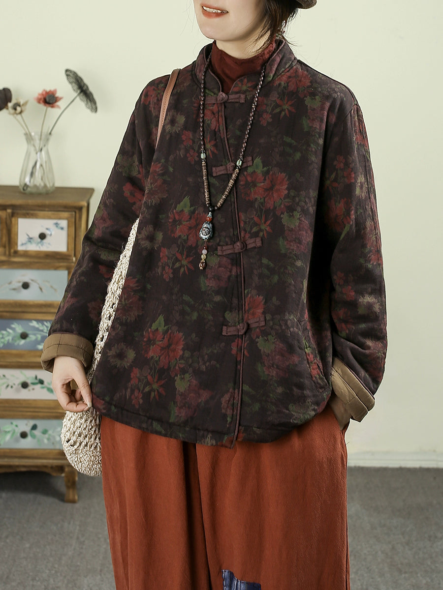 Women Ethnic Autumn Flower Stand Collar Cotton Coat