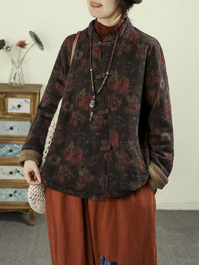 Women Ethnic Autumn Flower Stand Collar Cotton Coat