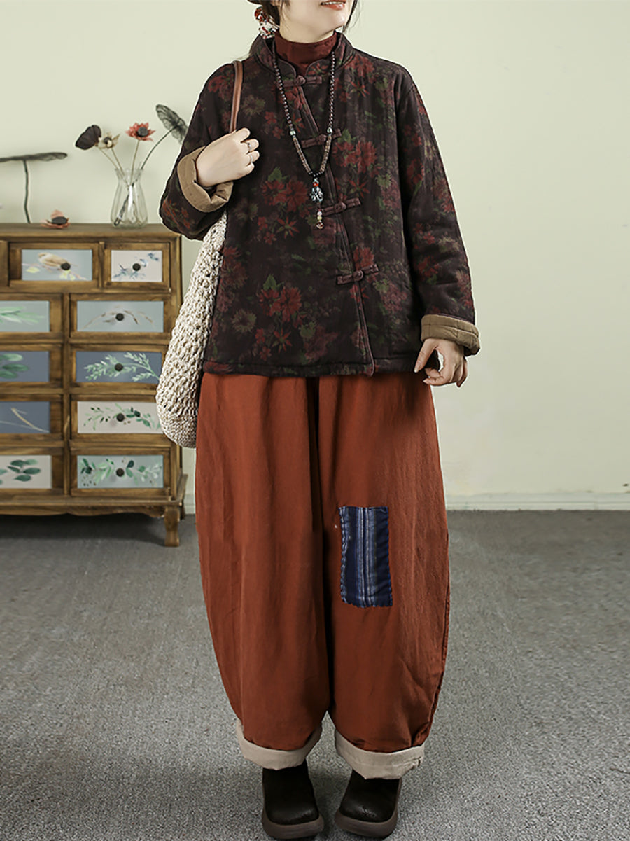 Women Ethnic Autumn Flower Stand Collar Cotton Coat
