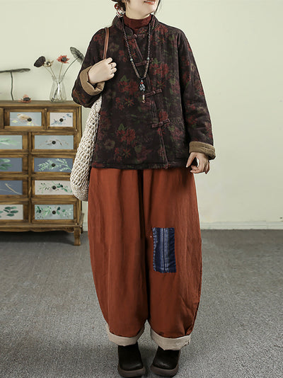 Women Ethnic Autumn Flower Stand Collar Cotton Coat