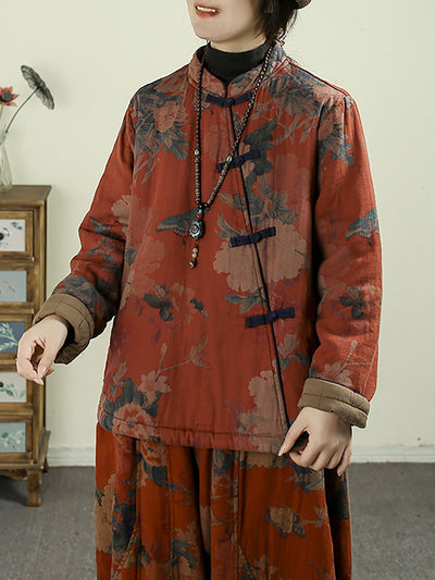 Women Ethnic Autumn Flower Stand Collar Cotton Coat
