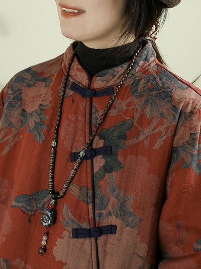 Women Ethnic Autumn Flower Stand Collar Cotton Coat