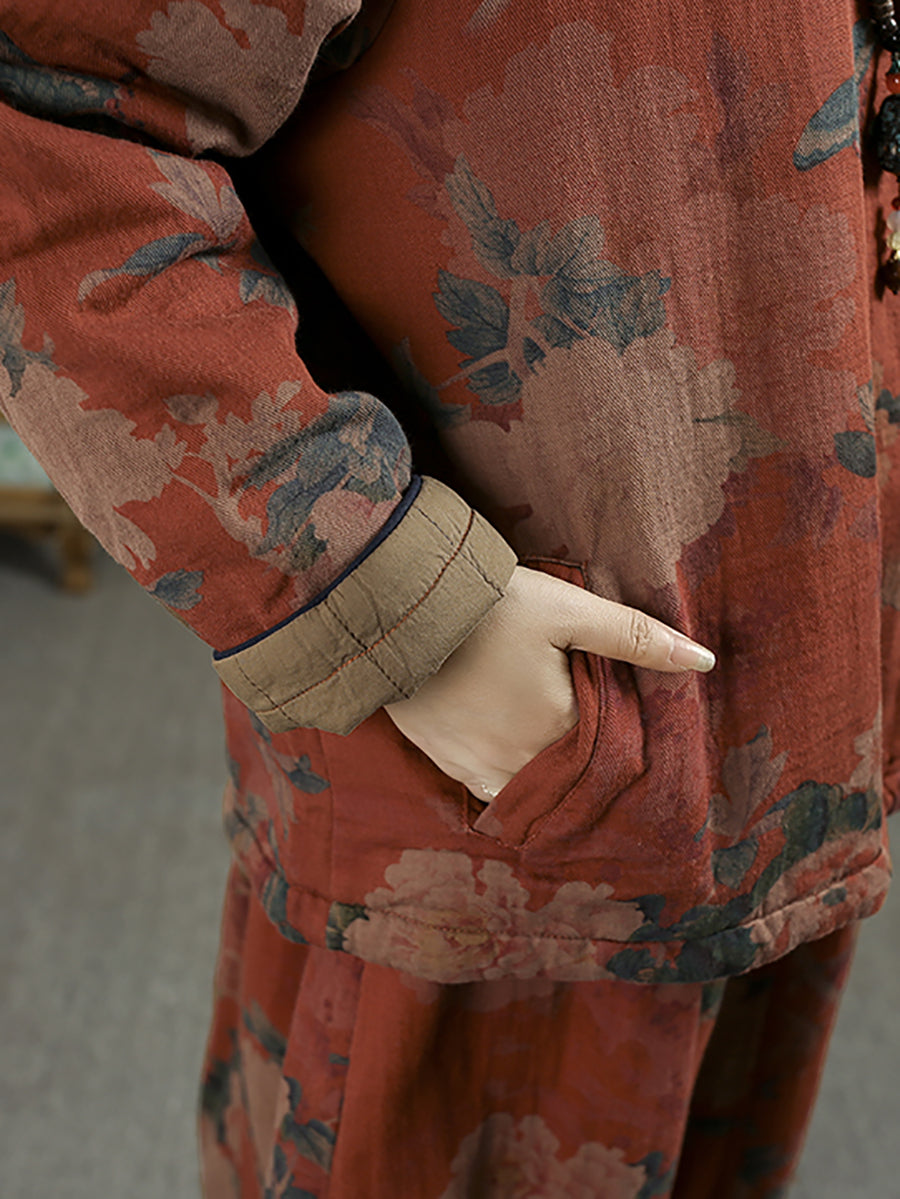 Women Ethnic Autumn Flower Stand Collar Cotton Coat