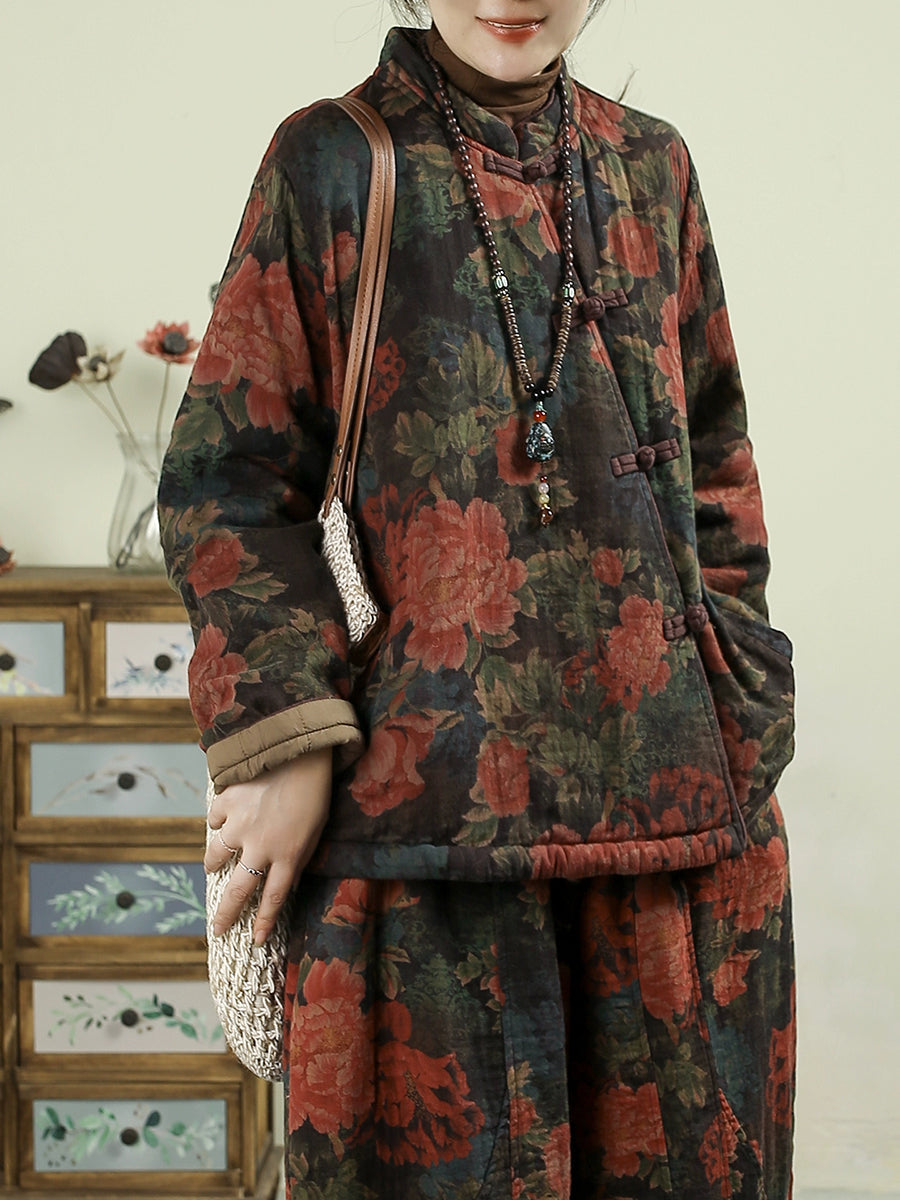 Women Ethnic Autumn Flower Stand Collar Cotton Coat