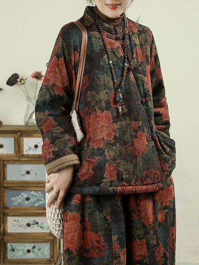 Women Ethnic Autumn Flower Stand Collar Cotton Coat