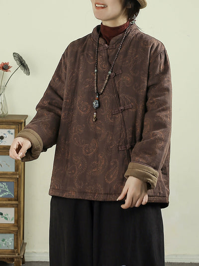 Women Ethnic Autumn Flower Stand Collar Cotton Coat