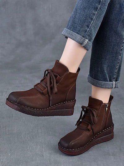 Women Winter Genuine Leather Mid-Heel Ankle Boots