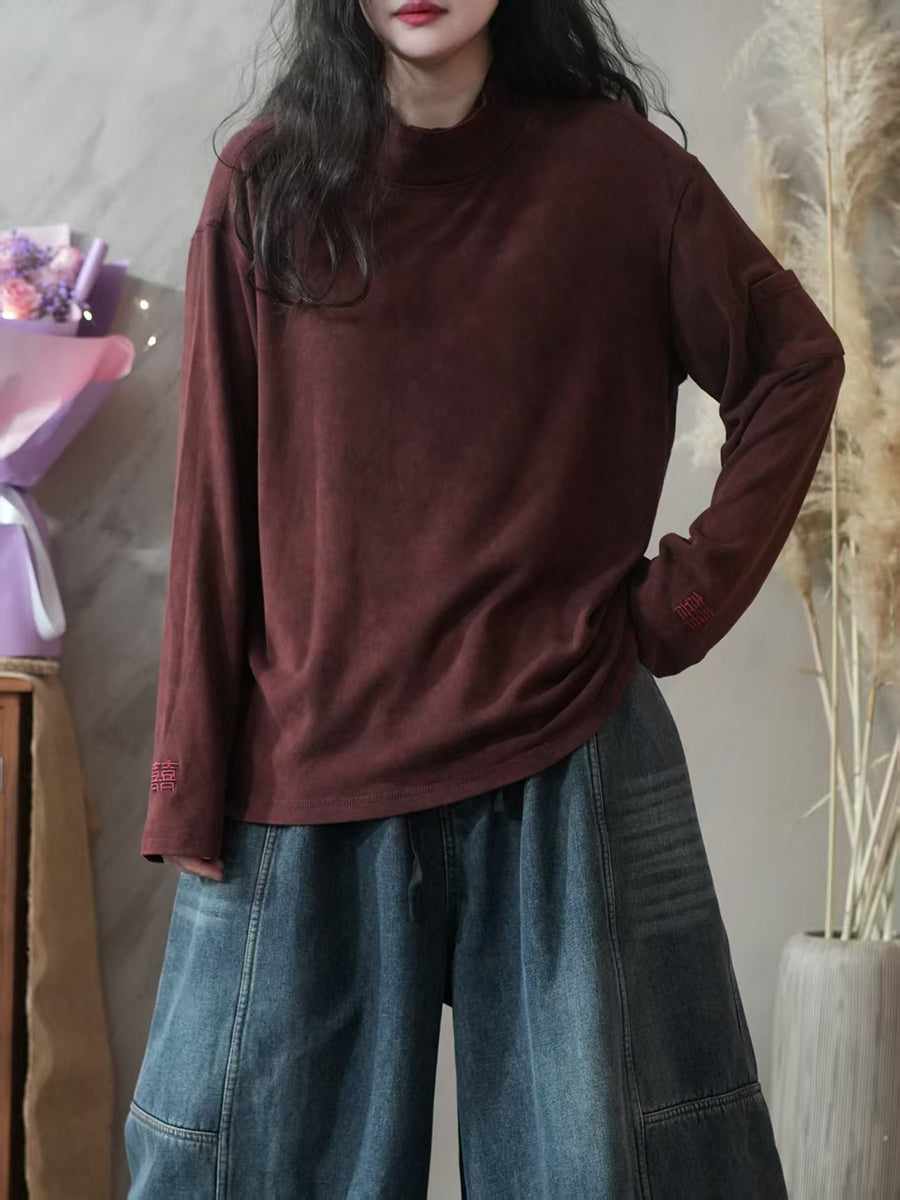 Women Autumn Casual 100%Cotton Half-Turtleneck Blouse