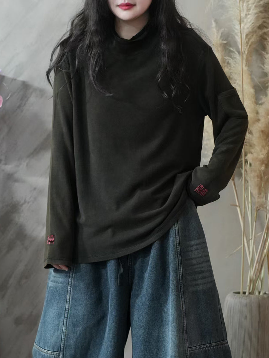 Women Autumn Casual 100%Cotton Half-Turtleneck Blouse