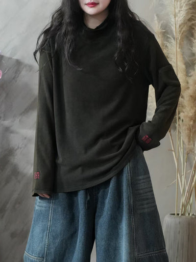 Women Autumn Casual 100%Cotton Half-Turtleneck Blouse