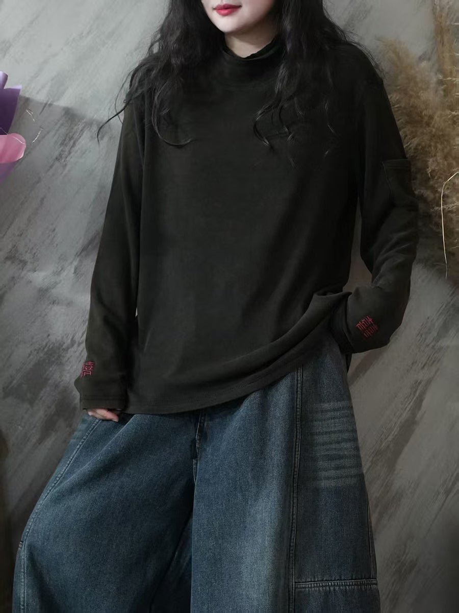 Women Autumn Casual 100%Cotton Half-Turtleneck Blouse