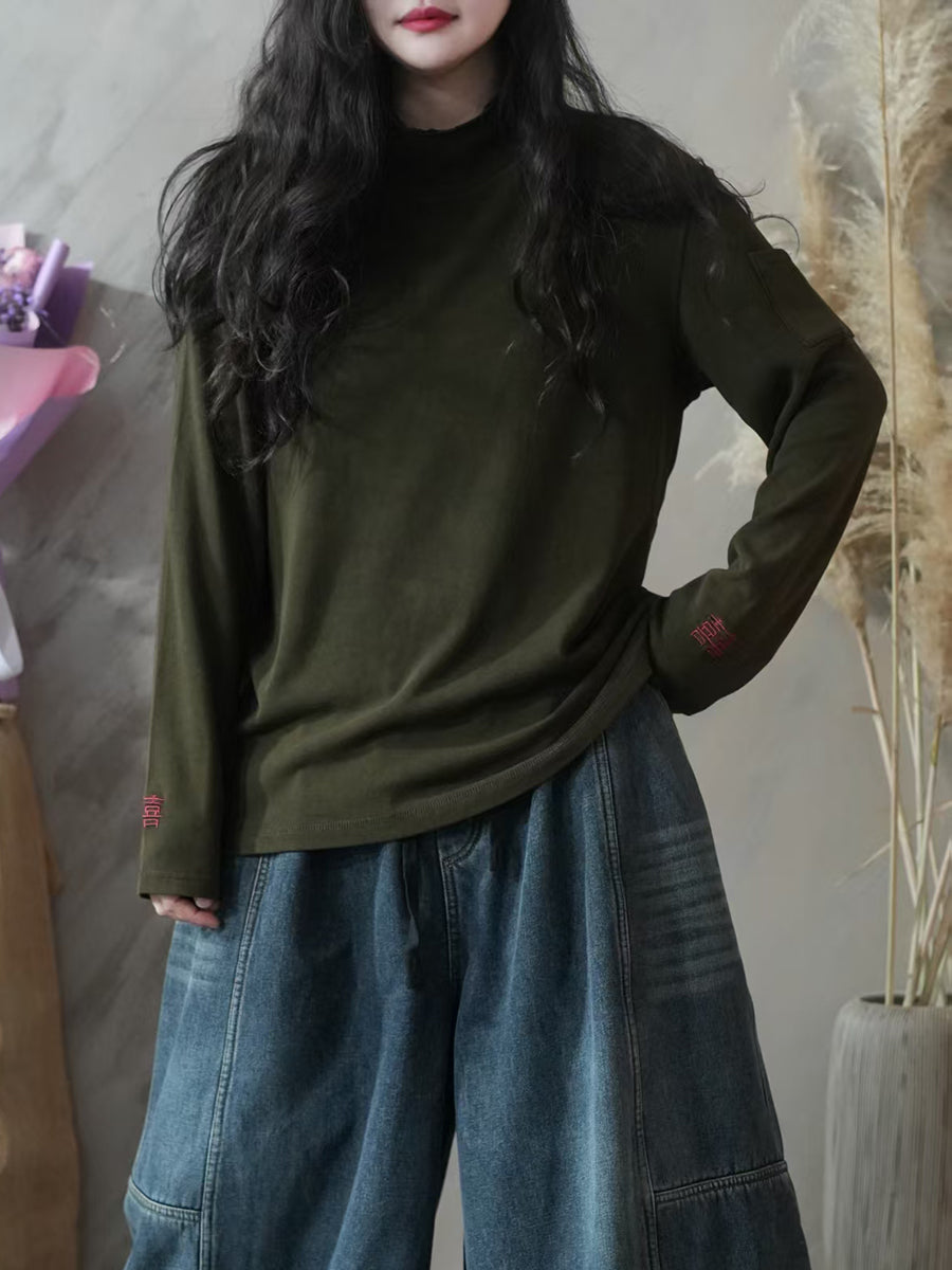 Women Autumn Casual 100%Cotton Half-Turtleneck Blouse