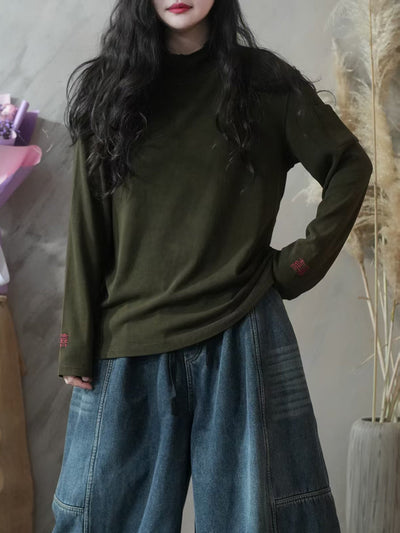 Women Autumn Casual 100%Cotton Half-Turtleneck Blouse