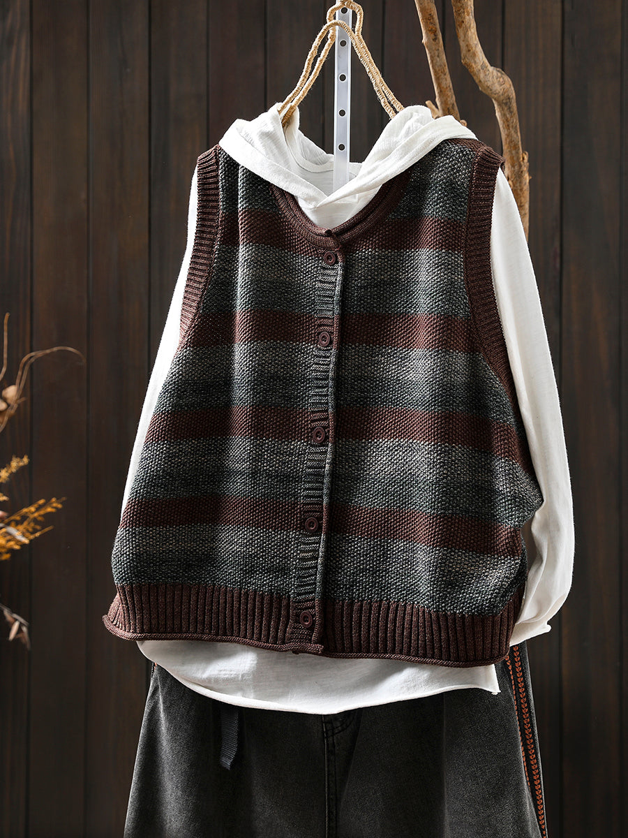 Women Autumn Vintage Stripe O-Neck Knitted Vest