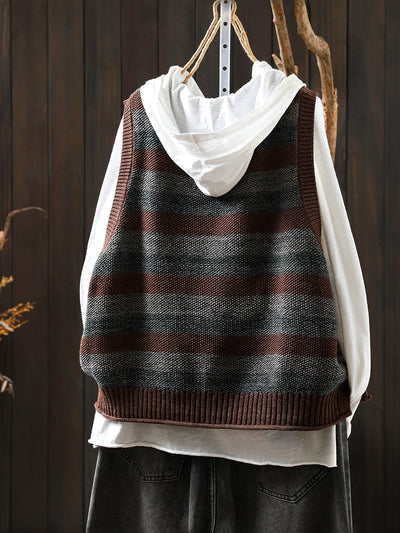 Women Autumn Vintage Stripe O-Neck Knitted Vest