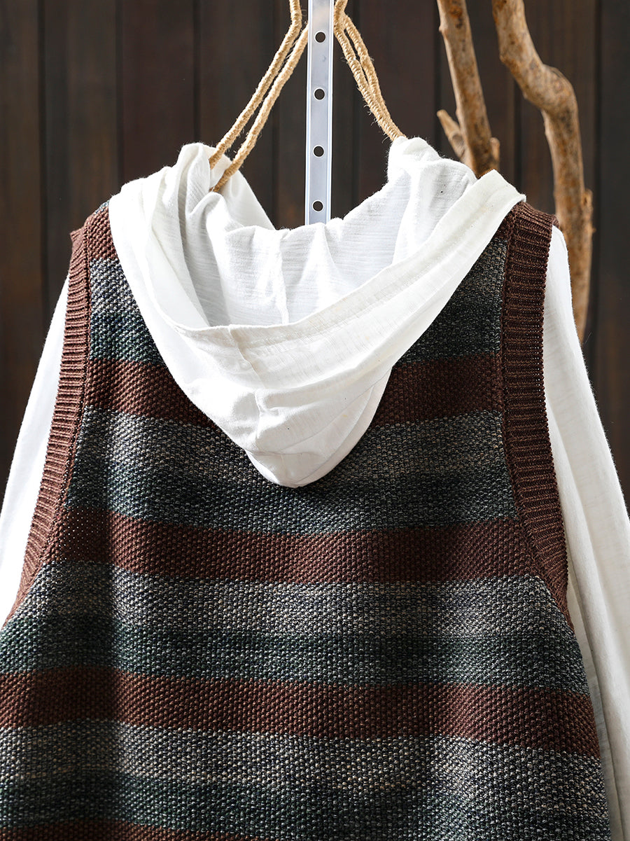 Women Autumn Vintage Stripe O-Neck Knitted Vest