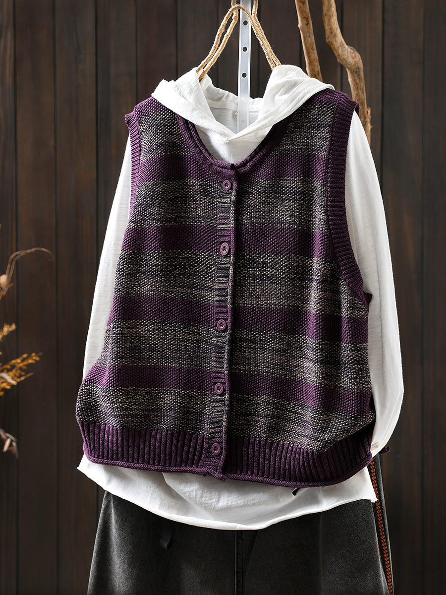 Women Autumn Vintage Stripe O-Neck Knitted Vest