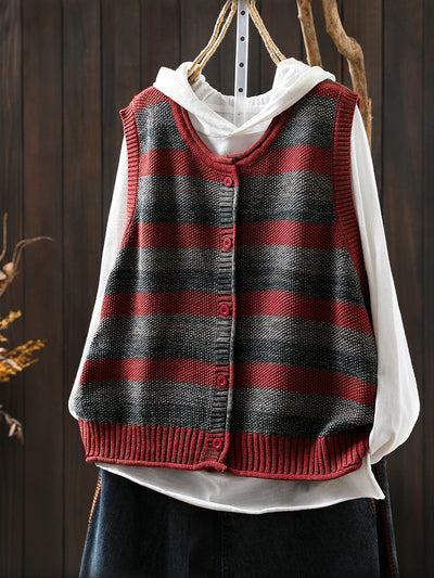 Women Autumn Vintage Stripe O-Neck Knitted Vest