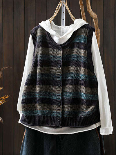 Women Autumn Vintage Stripe O-Neck Knitted Vest