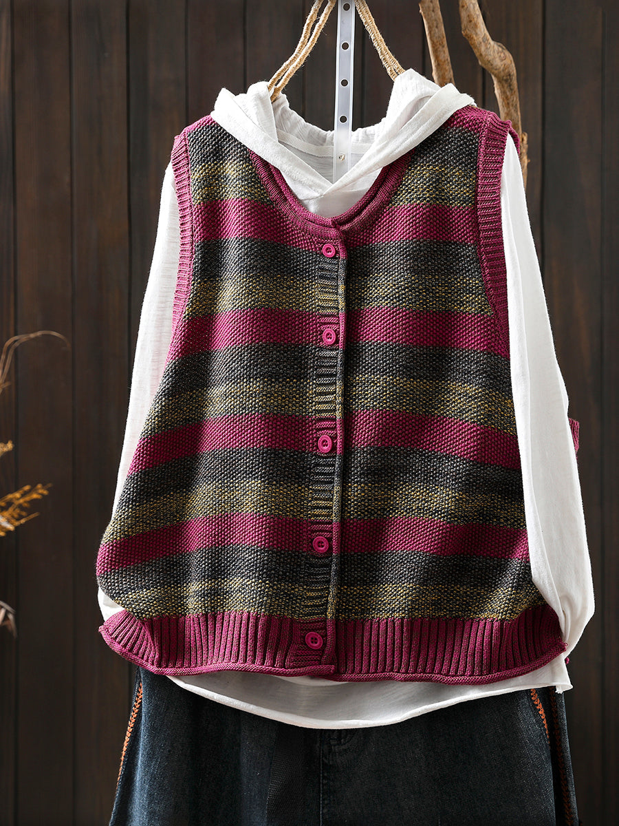 Women Autumn Vintage Stripe O-Neck Knitted Vest
