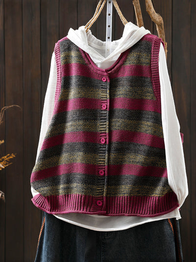 Women Autumn Vintage Stripe O-Neck Knitted Vest