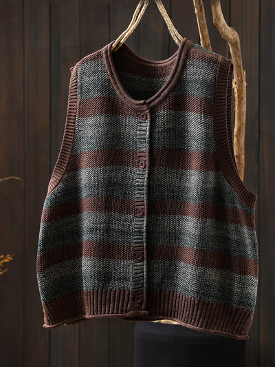 Women Autumn Vintage Stripe O-Neck Knitted Vest