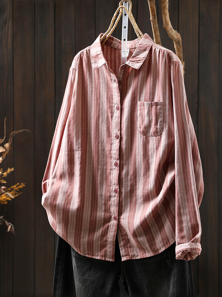 Women Autumn Stripe 100%Cotton Turn-down Collar Shirt