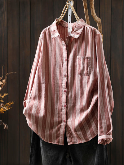 Women Autumn Stripe 100%Cotton Turn-down Collar Shirt