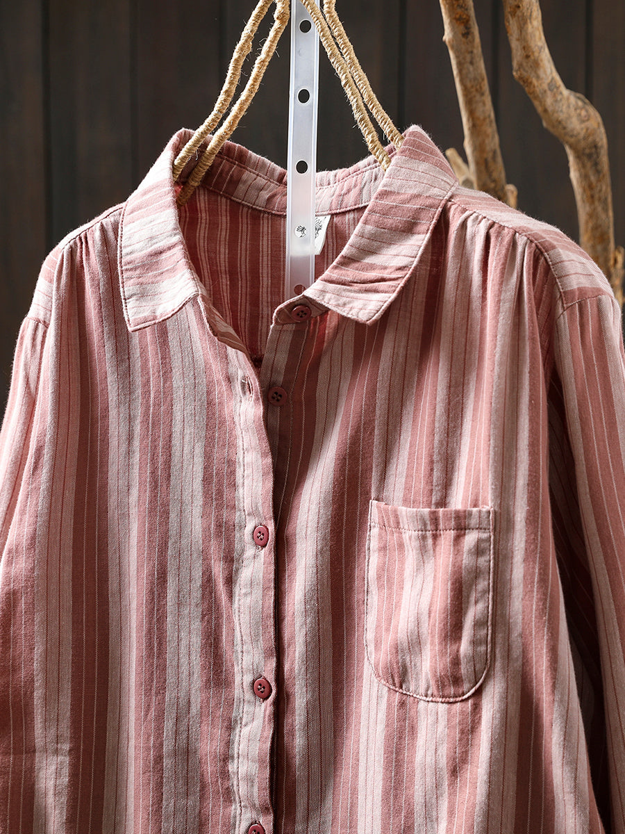 Women Autumn Stripe 100%Cotton Turn-down Collar Shirt