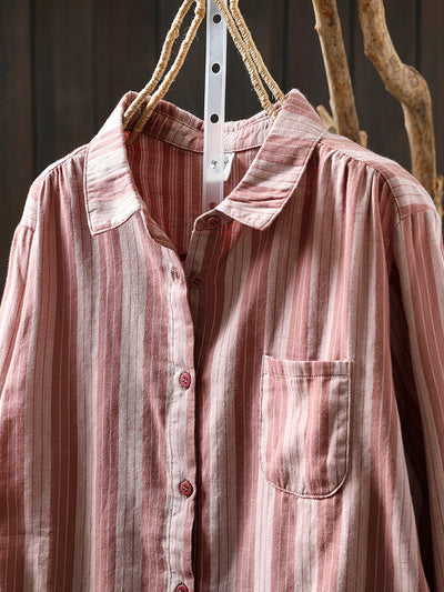 Women Autumn Stripe 100%Cotton Turn-down Collar Shirt