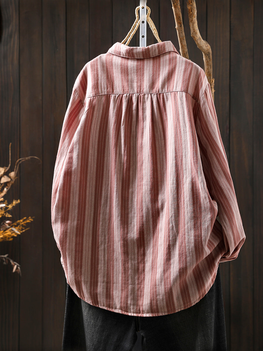 Women Autumn Stripe 100%Cotton Turn-down Collar Shirt